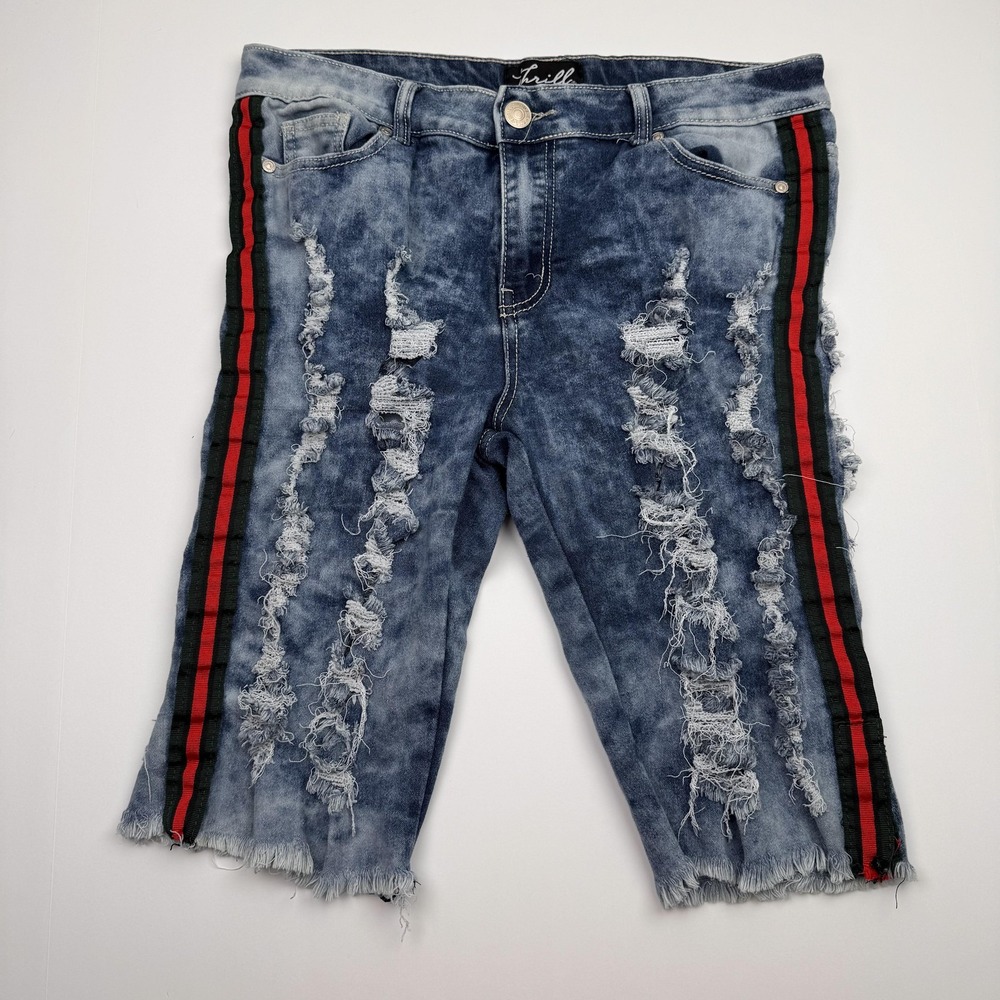Thrill Shorts Womens Juniors 11 Distressed Denim Bermuda Raw Hem Side Stripe